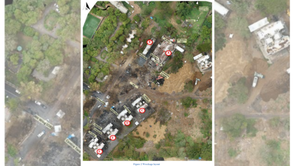 This image shows the initial impact zone as the aircraft descended rapidly after takeoff. The Dreamliner first made contact with a cluster of trees and an incineration chimney located inside the Army Medical Corps compound, indicating its dangerously low altitude. (Image credit: Preliminary Report AAIB) (Image credit: Preliminary Report AAIB)