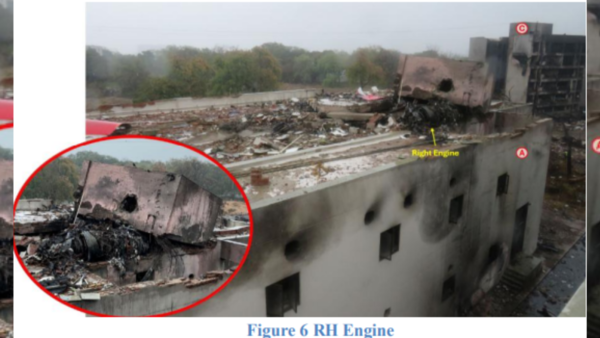 Captured here is the detachment of the right engine. After skimming across the roof of Building A, the right engine struck a concrete water tank structure, got separated from the main body of the aircraft, and eventually came to rest beneath the tank, facing approximately 226 degrees near the southwest wall of the building. Debris from the inboard sections of the right wing was also found scattered across Buildings A and B and the adjacent surroundings, indicating the force and fragmentation at impact. (Image credit: Preliminary Report AAIB)