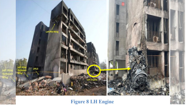 The left engine got separated from the airplane and struck the north corner of Building D at the ground level where it remained and was roughly perpendicular to the right engine resting position, at heading of approx. 326 degrees. (Image credit: Preliminary Report AAIB) (Image credit: Preliminary Report AAIB)