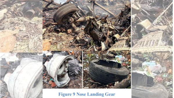 The nose landing gear (NLG) (fig. 9) was found on the ground about 307 feet southwest from the initial point of contact with Building A. (Image credit: Preliminary Report AAIB) (Image credit: Preliminary Report AAIB)