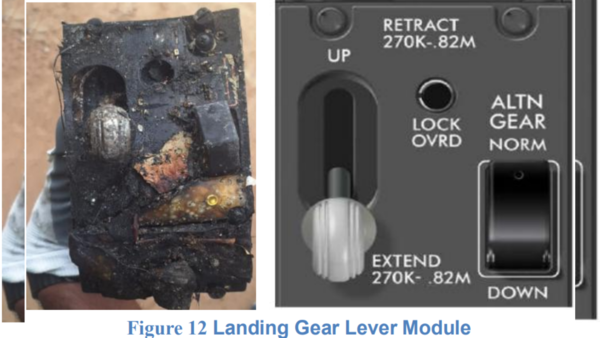 The landing gear lever was found in the “DOWN” position (Figure 12), suggesting it had not yet been retracted by the time the emergency unfolded. These findings were also corroborated by data from the Enhanced Airborne Flight Recorder (EAFR). (Image credit: Preliminary Report AAIB) (Image credit: Preliminary Report AAIB)