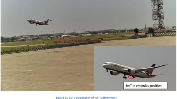 This image is from airport CCTV footage, capturing the moment the Ram Air Turbine (RAT) deployed during the initial climb—a few seconds after liftoff. The RAT deployment indicates a severe loss of engine power, as it is only activated when both engines drop below idle speed and the aircraft needs emergency hydraulic and electrical power. The CCTV footage confirmed that no significant bird activity was present in the vicinity, ruling out a bird strike. EAFR data also verified that both engines’ N2 values fell below idle, triggering the RAT’s hydraulic pump to start supplying power at 08:08:47 UTC. (Image credit: Preliminary Report AAIB)