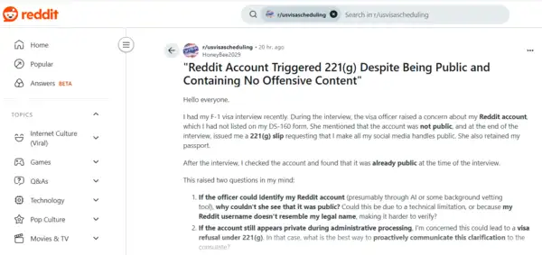 Reddit post made by Indian student Dhanashree Rajesh Gaidhani detailing her F-1 visa experience. This Indian student's F-1 visa was delayed and her passport retained, thanks to her Reddit account: Do you know why?