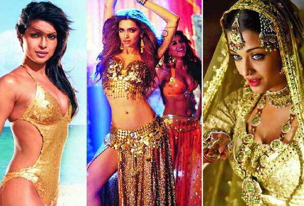 (L-R) Priyanka's golden bikini in 'Dostana', Deepika's pole dancer look in Lovely from 'Happy New Year' and Aishwarya's golden lehenga in 'Salaam'