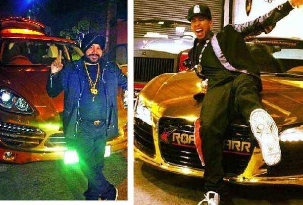 Daler Mehendi (L) shows off his gold-wrapped SUV and Tyga’s ride has a gold paint job
