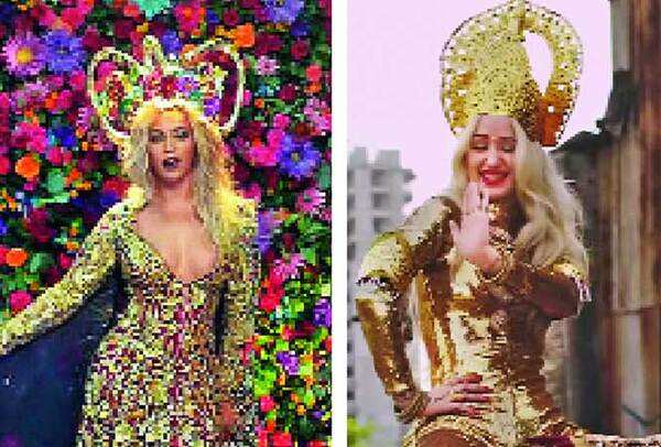 Head-to-toe intricate gold work adorned Beyonce (L) in 'Hymn For The Weekend' Iggy and Azalea rides an elephant wearing a golden bodysuit and mukut in her Bounce video