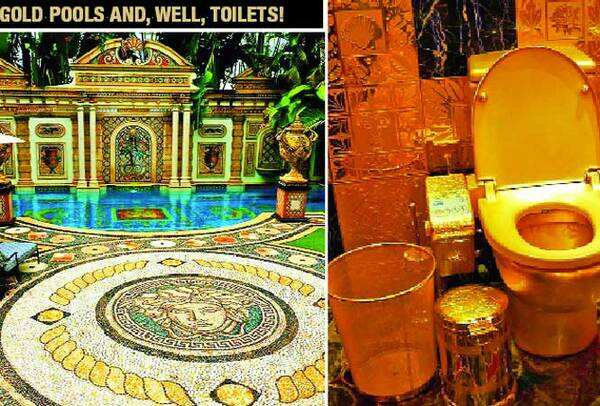 The Versace mansion’s pool with gold-plated tiles (L) and the gold showroom in Hong Kong has a toilet made of solid 24-carat gold