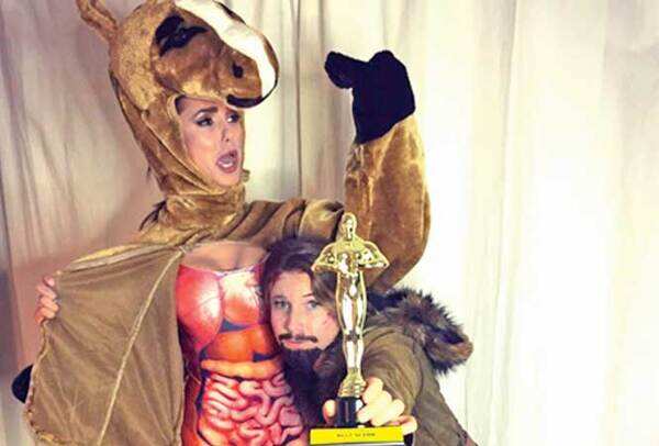 HORSING AROUND! Nina Dobrev and her friend as the horse and Leo (Oscar and all) from The Revenant