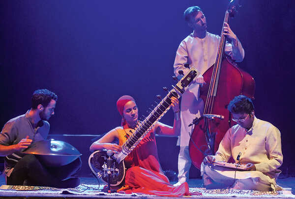 (R-L) Sanjeev Shankar, Tom Farmar, Anoushka Shankar and Manu Delago perform the last track of the evening, 'Say Your Prayer' (BCCL)