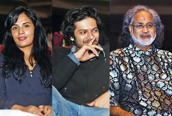 (L-R) Richa Chadha, Ali Fazal and Pt Vishwa Mohan Bhatt at the event (BCCL))