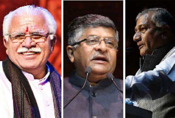 Haryana CM Manohar Lal Khattar, Law Minister Ravi Shankar Prasad and MoS for External Affairs Vijay Kumar Singh (L to R) (photo Ajay Kumar Gautam/BCCL)