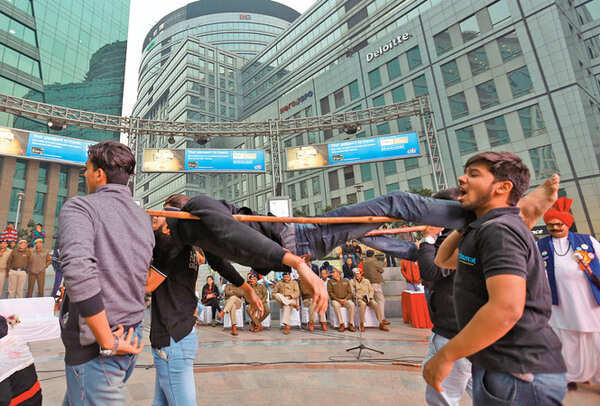 College students perform plays at a Road Safety Week event organised by the Gurgaon Traffic Police in January (BCCL)