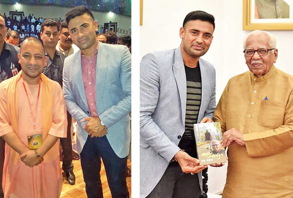 Sangram Singh with UP CM Yogi Adityanath (L) and with governor Ram Naik. The UP Governor also gifted Singh an autographed book of his (BCCL/ Aditya Yadav)
