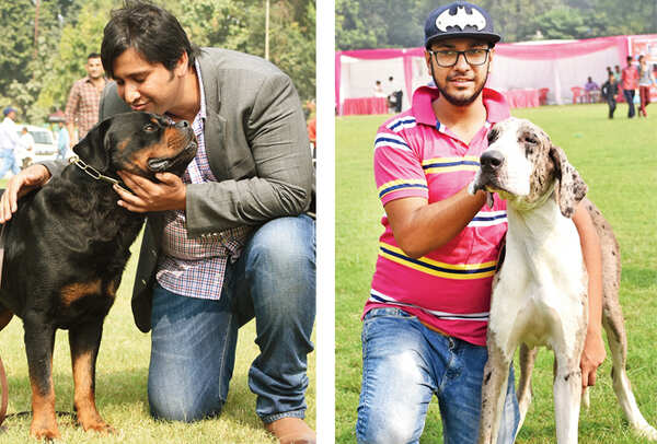 Surinder Gill poses with his Rottweiler Percy (R) Shivam with his Great Dane Dannie (BCCL/ Farhan Ahmad Siddiqui)