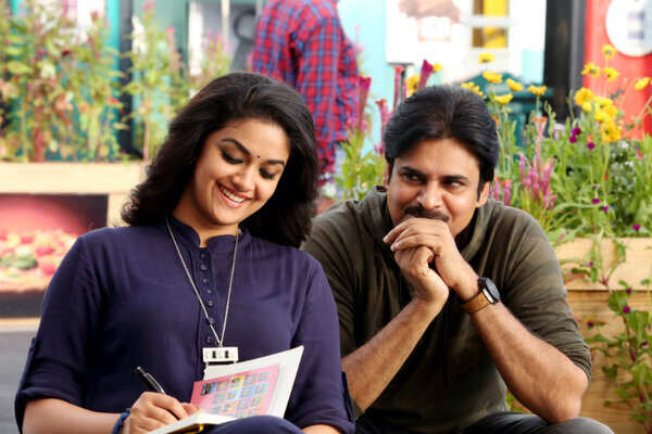 Keerthy Suresh Picture with Powerstar Pawan Kalyan in a still from her upcoming film PSPK25