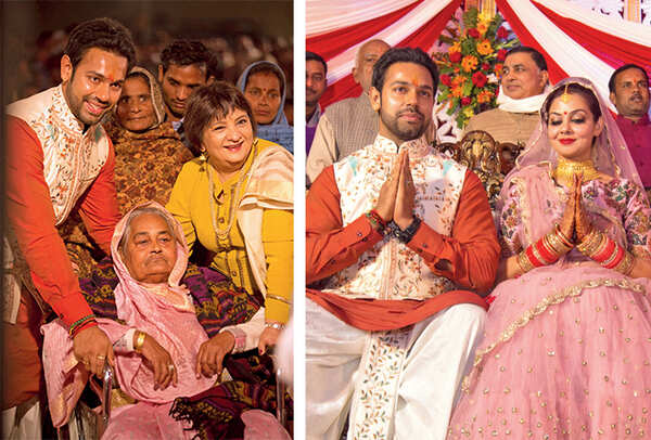 Saurabh and Bharti Achrekar with his dadi at his village and Zara and Saurabh at their wedding reception in their village in Gonda, UP (BCCL)