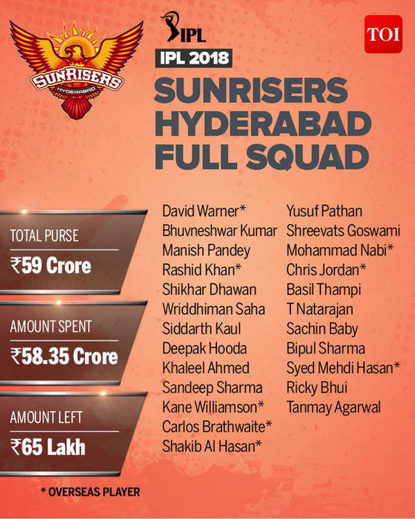 SRH Team 2018 Sunrisers Hyderabad IPL 2018 players list Cricket