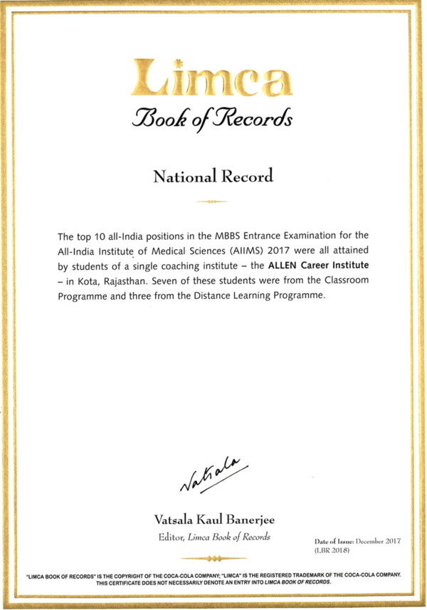 Limca Book Of Records Kota institute makes it into the Limca Book of
