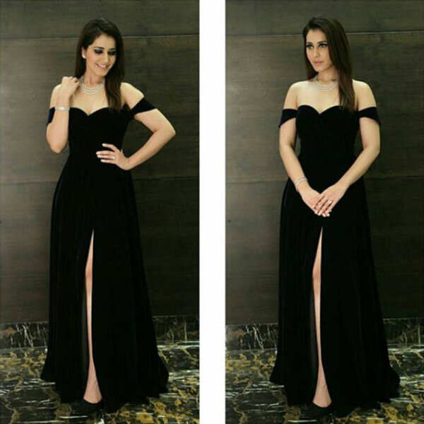 Raashi Khanna in a velvet thigh slit dress for an event