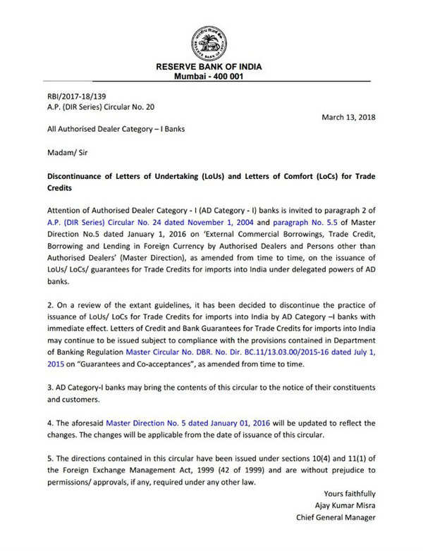 Letter Of Undertaking: RBI bans all Indian banks from issuing LoUs ...