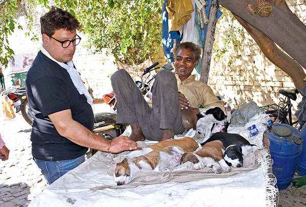 Tigmanshu Dhulia petting a pack of strays at the shooting location of Milan Talkies in Lucknow (BCCL/ Farhan Ahmad Siddiqui)
