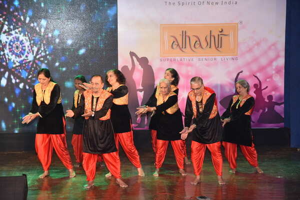 Senior Citizens while performing Bolloywood Dance number with high energy during 'Anandghan 2018', an annual day of Athashrians by Athashri Foundation