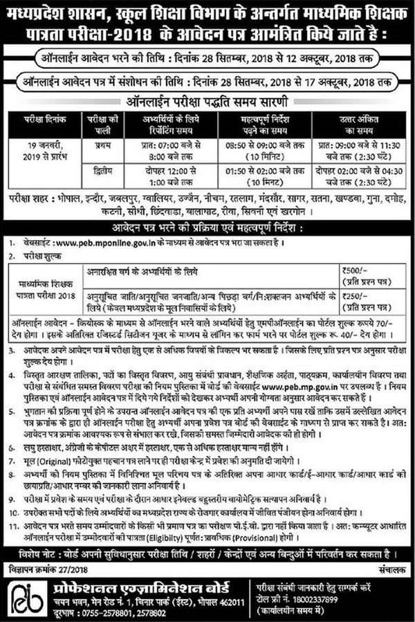 MP Vyapam Middle School Teacher Recruitment 2018 Application date