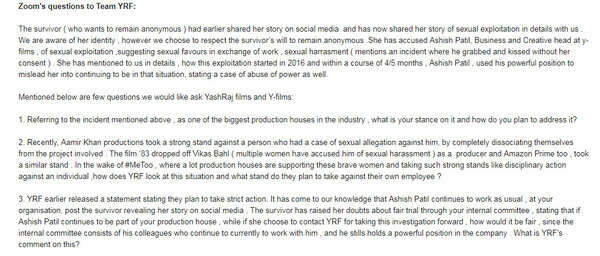 Zoom questions to YRF