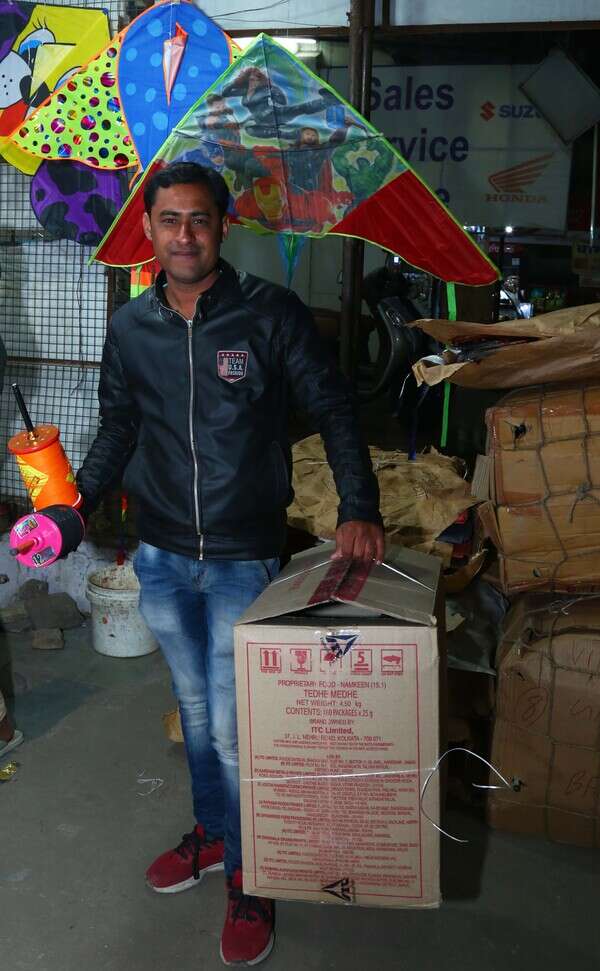 Tarun Hablani and his carton fo kites for Vadodara competition