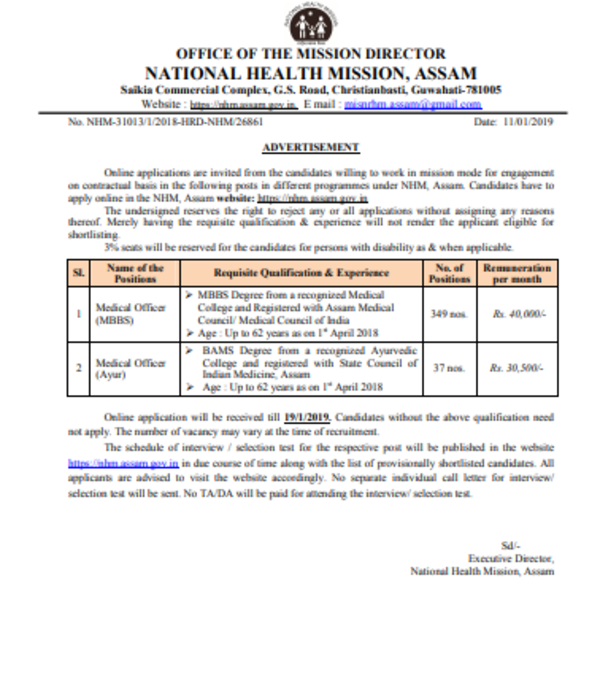 NHM Recruitments 2019 Apply for Medical Officer nhm.assam.gov.in