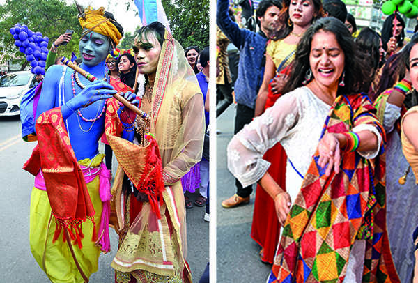 (L) Ajay and Anukool as Lord Krishna and Radha (R) A members of the LGBTQIA community (BCCL/ Farhan Ahmad Siddiqui)
