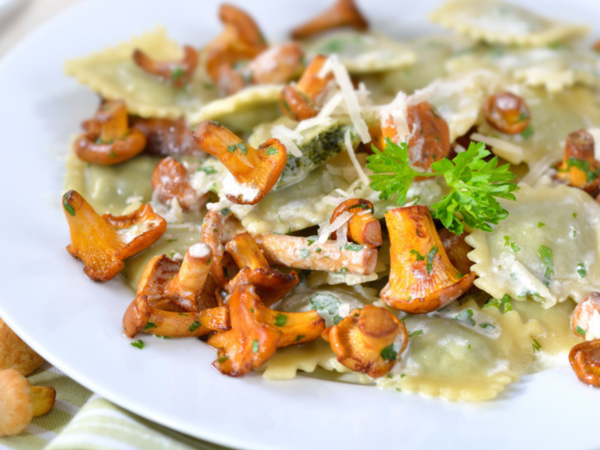 Garlic Mushroom Ravioli with Smoked Bell Pepper Dip