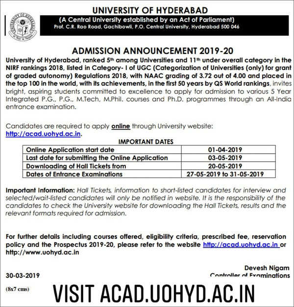 Application Process For University Of Hyderabad Admission Entrance Test ...