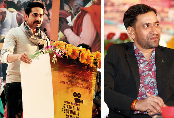 (L) Ayushmann Khurrana was the surprise guest on the occasion (R) Dinesh Lal Yadav Nirahua (BCCL/ Aditya Yadav)