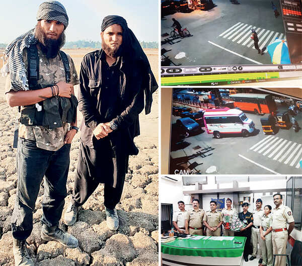 (clockwise from above) The men on set; one of them was spotted on the CCTV; the van they were travelling in that escalated the concerns of the police; guard Anil Mahajan was felicitated for his alertness