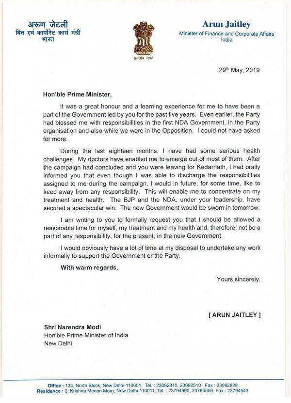 Arun Jaitley writes letter to PM Modi, opts out of new Cabinet citing ...