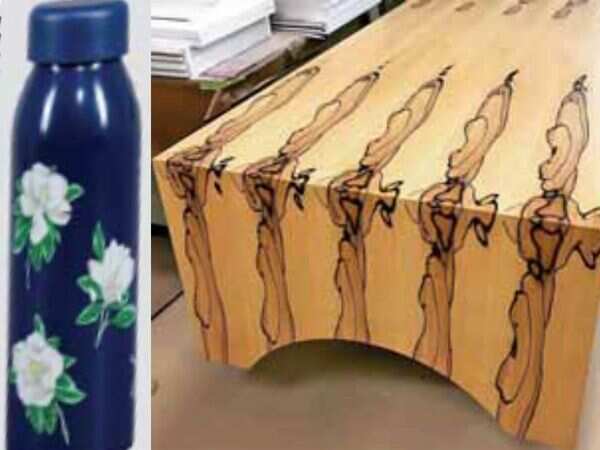 A bottle from Reese Witherspoon’s Draper James line,(left) Handmade table designed by Brad Pitt(right)