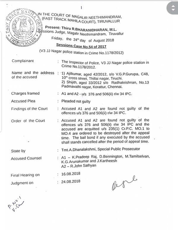 Rape charges Court acquits 2 accused Chennai News Times of India