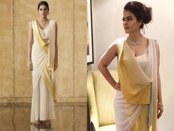Kajol's pre-draped sari with lace corset blouse is perfect for