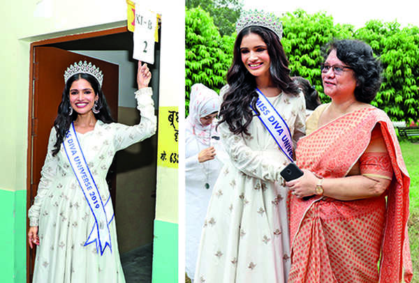 (L) Vartika posed outisde her classroom in school (R) ...with Vinita Prakash, Principal, IT College (BCCL/ Aditya Yadav)