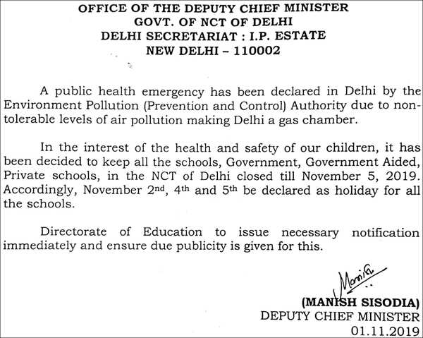 Delhi School Holidays: Delhi schools closed till November 5 as air pollution enters 'severe plus' category | - Times of India