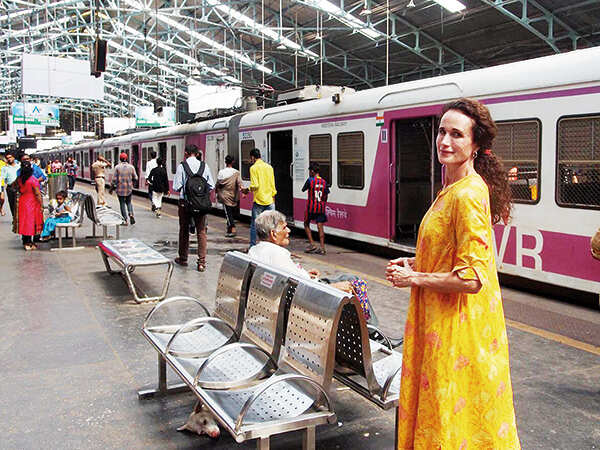 Andie MacDowell at Churchgate station in Mumbai
