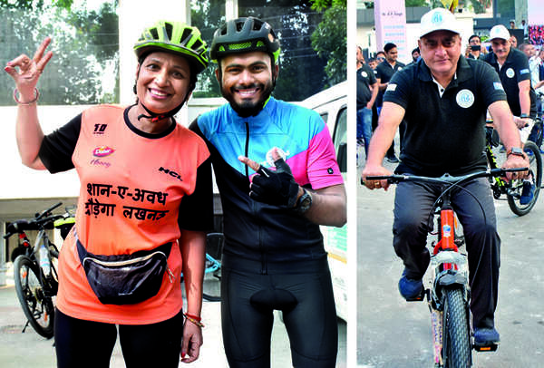 (L) Punita Pandey and Suraj Srivastava (R) Om Prakash Singh went cycling with the rest of the crowd. The UP DGP also took part in the marathon