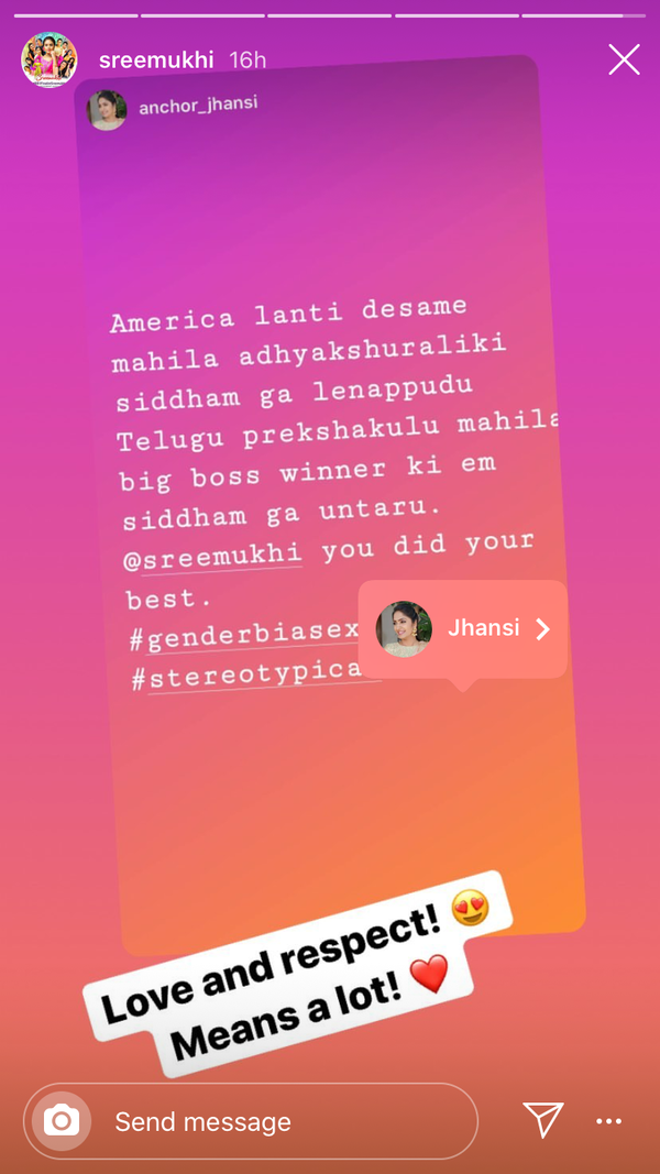 Sreemukhi thanks Jhansi