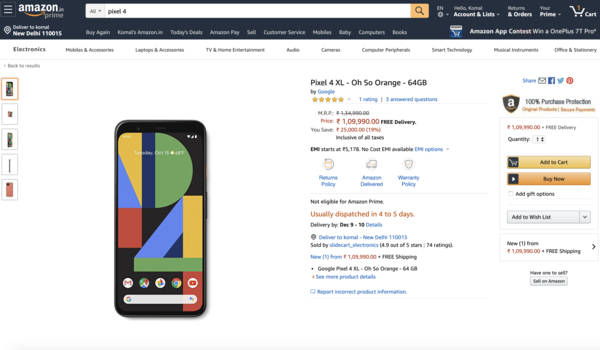 google pixel 4 price in india amazon