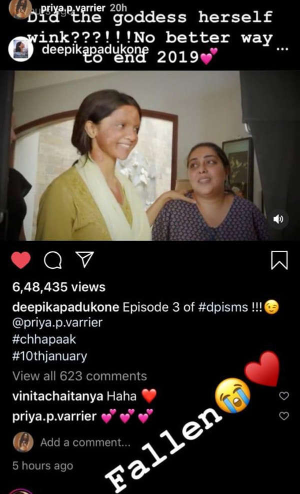 Priya Prakash Varrier has a surprising reaction to Deepika Padukone's  'Chhapaak' wink video | Hindi Movie News - Times of India