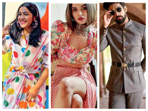 Left to Right: Fashion blogger Mamta Sharma Das displays a knotted saree look, YouTuber Komal Pandey makes a statement with a choker, floral top and a side-slit skirt; Lawyer-turned-influencer Karron S Dhinggra belts up his suit to make a personal style statement