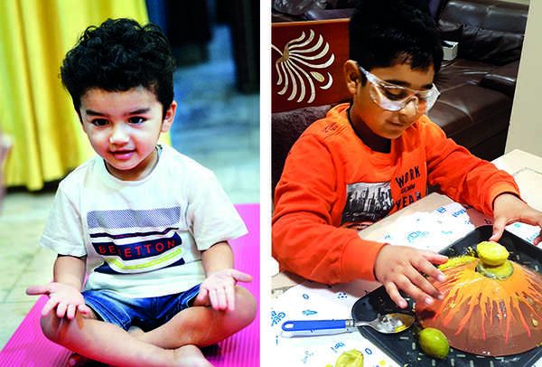 (L) Aarav is learning meditation from his parents (R) Devaagyh is learning fireless cooking (BCCL)