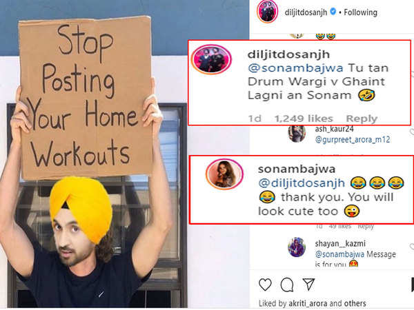 Sonam Bajwa's funny comment on Diljit Dosanjh's 'stop posting home  workouts' post is simply hilarious | Punjabi Movie News - Times of India