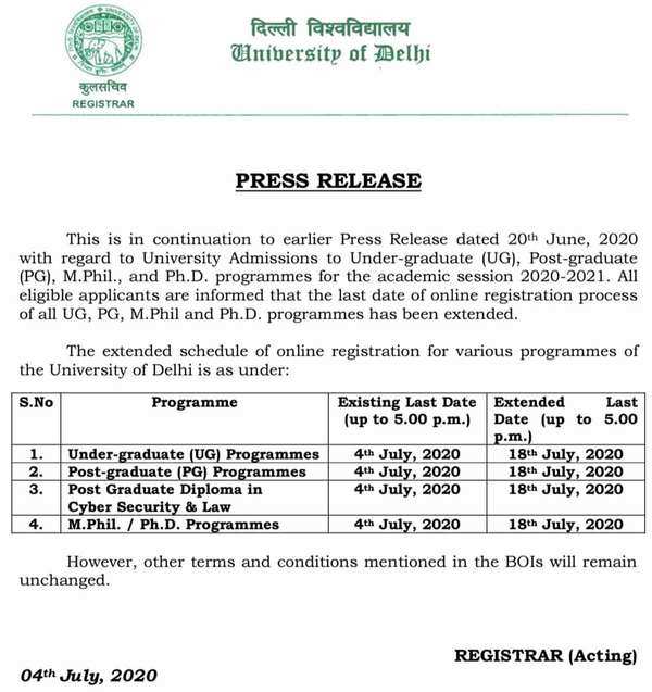 DU Admission 2020: Registration Extended Till July 18 - Times Of India